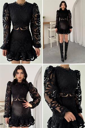 Güpür Kumaş Balon Kol Tasarım Elbise Siyah