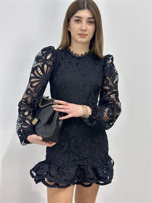 Güpür Kumaş Balon Kol Tasarım Elbise Siyah