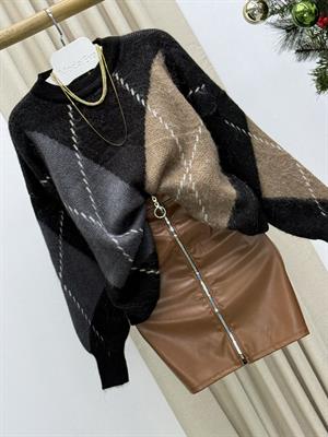 Halka Fermuarlı Full Likralı Pu Kahverengi Deri Etek