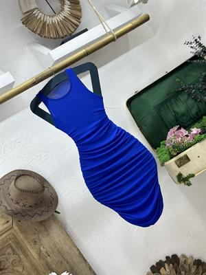 Halter Yaka Kristal Pamuk Kumaş Drapeli Renkli Kalem Elbise