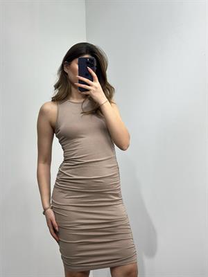 Halter Yaka Kristal Pamuk Kumaş Drapeli Renkli Kalem Elbise