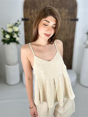 Ham Keten Kumaş Askılı Sırt Gipeli Rahat Kesim Bluz 