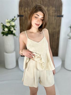 Ham Keten Kumaş Bel Arkası Lastikli Şort 