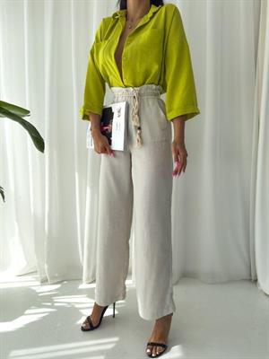 Ham Keten Kumaş Beli Lastikli İp Kemerli Salaş Pantolon 