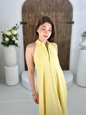 Ham Keten Kumaş Sırt Detay Uzun Gömlek Elbise Sarı