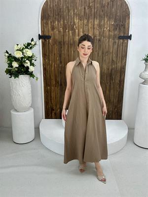 Ham Keten Kumaş Sırt Detay Uzun Gömlek Elbise Kahverengi