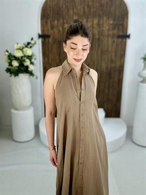 Ham Keten Kumaş Sırt Detay Uzun Gömlek Elbise Kahverengi