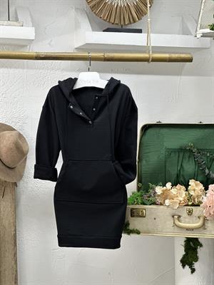 İki İplik İçi Şardonlu Kapişonlu Önden Düğmeli Kanguru Cepli Sweat Elbise 