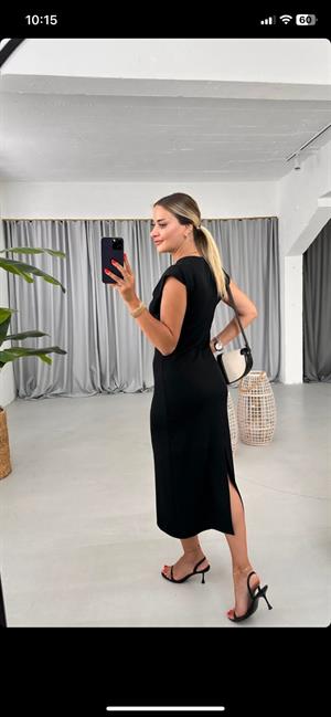 İki İplik Kumaş Tasarım Uzun Siyah Elbise