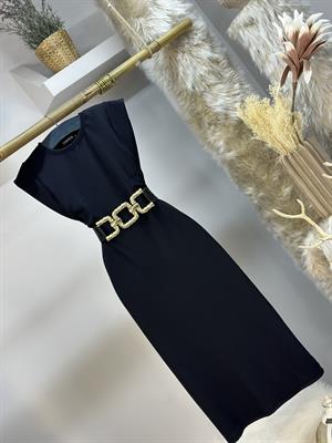 İki İplik Kumaş Tasarım Uzun Siyah Elbise