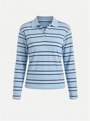 İki İplik Polo Yaka Çizgili Sweatshirt Bebe Mavisi