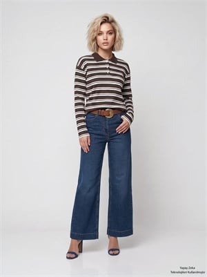 İki İplik Polo Yaka Çizgili Sweatshirt Kahverengi