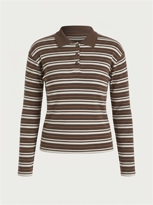 İki İplik Polo Yaka Çizgili Sweatshirt Kahverengi