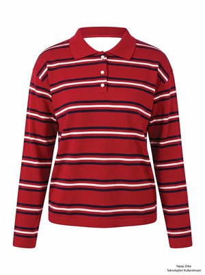 İki İplik Polo Yaka Çizgili Sweatshirt Kırmızı