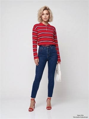 İki İplik Polo Yaka Çizgili Sweatshirt Kırmızı