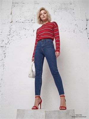 İki İplik Polo Yaka Çizgili Sweatshirt Kırmızı