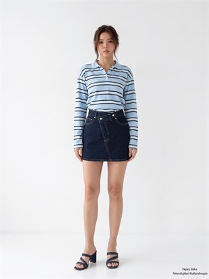 İki İplik Polo Yaka Çizgili Sweatshirt Bebe Mavisi