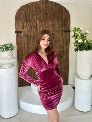 İnci Kadife Derin V Yaka Drapeli Uzun Kollu Tasarım Elbise Pudra