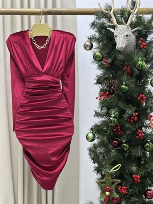 İnci Kadife Derin V Yaka Drapeli Uzun Kollu Tasarım Elbise Bordo