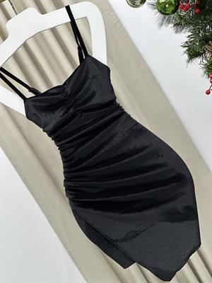 İnci Kadife Göğüs Büzgülü Askılı Drapeli Tasarım Elbise Siyah