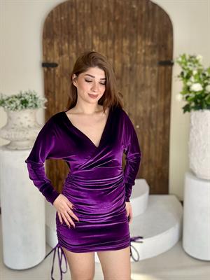 İnci Kadife Kumaş Asansör Büzgülü Kruvaze Elbise Mor