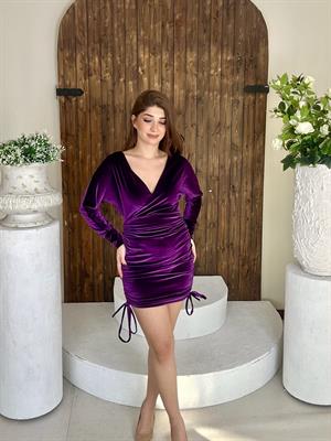 İnci Kadife Kumaş Asansör Büzgülü Kruvaze Elbise Mor