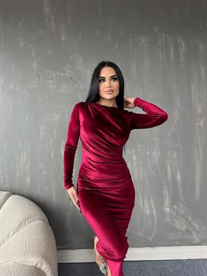 İnci Kadife Kumaş Drape Detaylı Uzun Tasarım Elbise 