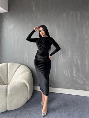 İnci Kadife Kumaş Drape Detaylı Uzun Tasarım Elbise 