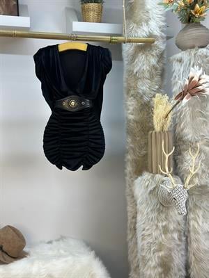 İnci Kadife Kumaş Drapeli Kaplama Kemerli Tasarım Elbise