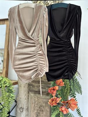 İnci Kadife Kumaş Kruvaze Yaka Önü Asansör Büzgülü Elbise 