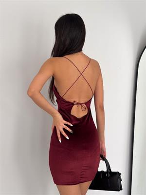 İnci Kadife Kumaş Sırt Çapraz Detaylı Tasarım Elbise