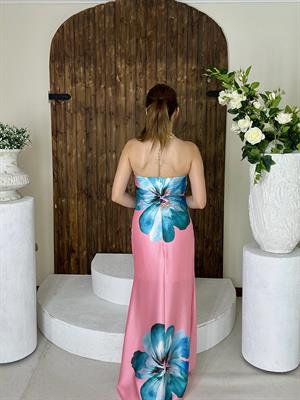 İpek Saten Kumaş Dijital Çiçek Desen Straplez Uzun Elbise Pudra