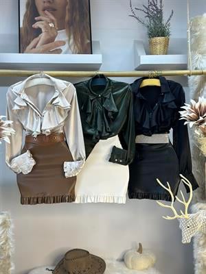 İpek Saten Kumaş Fular Detay  Taş Düğmeli Tasarım Gömlek 