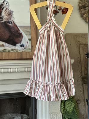 İthal Baskılı Keten Kumaş Çapraz Yaka Çizgi Desen SalaşElbise