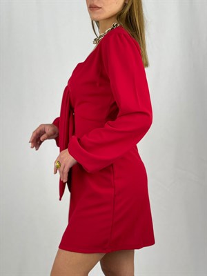 İthal Crep Dokuma Kumaş Bağlama Yaka Mini Elbise