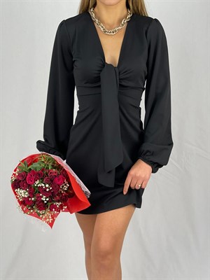 İthal Crep Dokuma Kumaş Bağlama Yaka Mini Elbise