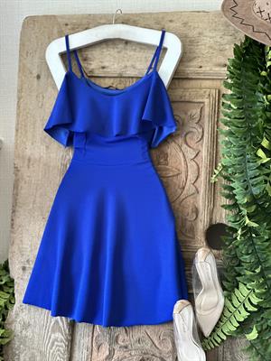 İthal Crep Dokuma Kumaş Düşük Omuz Volan Detay Kloş Elbise