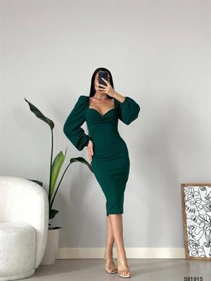 İthal Crep Dokuma Kumaş Kalp Yaka Balon Kol Kalem Elbisemiz