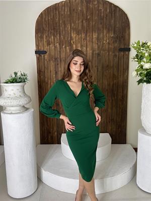 İthal Crep Dokuma Kumaş Kruvaze Yaka Kol Manşetli Kalem Elbisemiz Yeşil