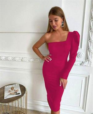 İthal Crep Dokuma Kumaş Tek Kol Kare Yaka Detaylı Kalem Elbise