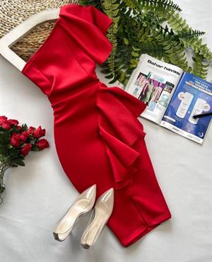 ithal Crep Dokuma Kumaş Tek Kol Volan Detay Kalem Elbise