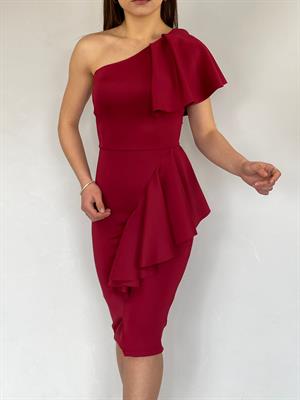 ithal Crep Dokuma Kumaş Tek Kol Volan Detay Kalem Elbise