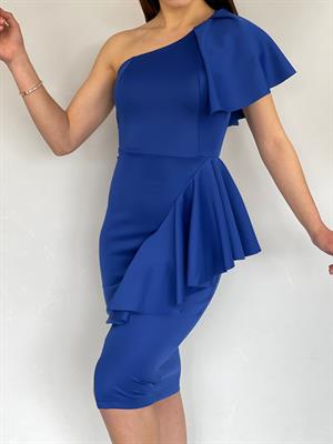 ithal Crep Dokuma Kumaş Tek Kol Volan Detay Kalem Elbise