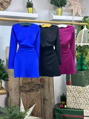 İthal Crep Dokuma Kumaş Yuvarlak Yaka Bel Pencere Detay Elbise