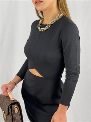 İthal Crep Dokuma Kumaş Yuvarlak Yaka Bel Pencere Detay Elbise