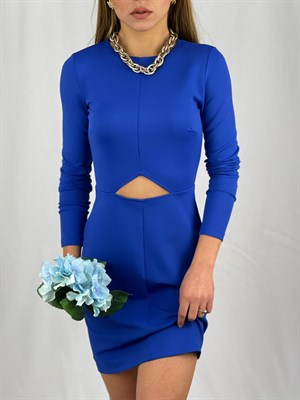 İthal Crep Dokuma Kumaş Yuvarlak Yaka Bel Pencere Detay Elbise