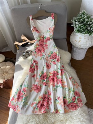 İthal Crep Kumaş Çiçek Desenli Astarlı Midi Boy Elbise