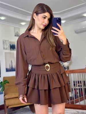 İthal Crep Kumaş Dantel Detaylı Kat Etekli Kemerli Elbise Kahverengi