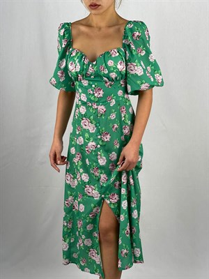 İthal Crep Kumaş Göğüs Büzgülü Elbise - Yeşil