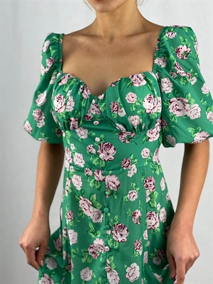 İthal Crep Kumaş Göğüs Büzgülü Elbise - Yeşil